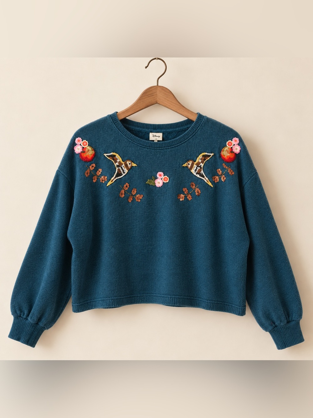 Disney x LC Lauren Conrad Embroidered Bird Sequin Cotton Sweater Teal L - Picture 2 of 6